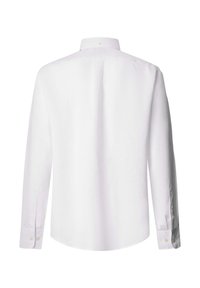 Chemise blanche à manches longues vue de dos, avec un col boutonné et des poignets boutonnés.
