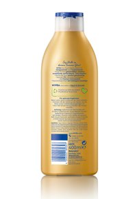 Rückseite einer 400 ml NIVEA Sun Touch Körperlotion-Flasche mit Produktdetails, Anwendungshinweisen, Inhaltsstoffen und Informationen zur Nachhaltigkeit auf Deutsch.