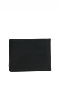 Cartera de cuero negro con una textura suave, diseño de dos pliegues y costuras visibles. Presenta una forma rectangular compacta sin adornos.