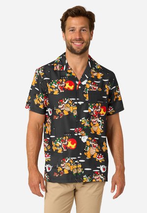 Zwart t-shirt met korte mouwen, voorzien van een levendige cartoonprint van Bowser en andere characters in oranje, rood en groene tinten, met een zakje.