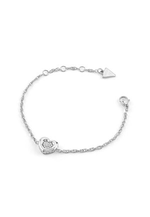 Silberne Kettenarmband mit einem herzförmigen Charm und einem funkelnden Zentrum. Mit einem Karabinerhaken und einem kleinen dreieckigen Anhänger.
