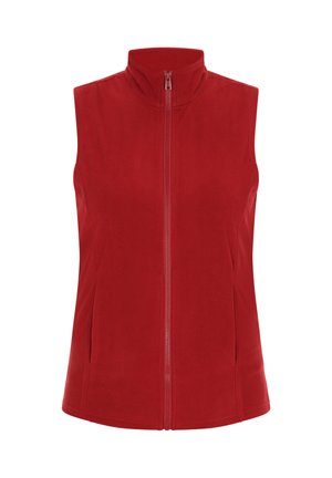 Rote Fleece-Weste mit hohem Kragen und durchgehendem Reißverschluss. Verfügt über Seitentaschen und eine weiche Textur, die Wärme und Komfort bietet.