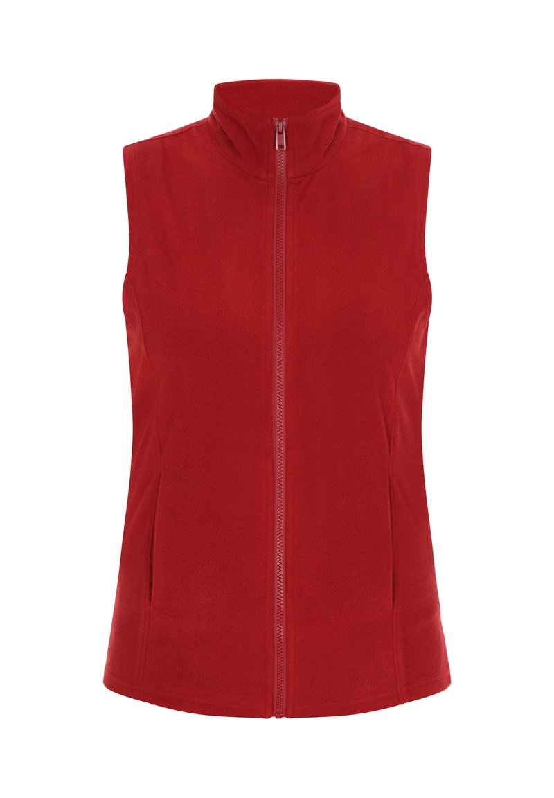 Czerwony polarowy kamizelka z wysokim kołnierzem i pełnym zapięciem na zamek. Posiada boczne kieszenie i miękką teksturę, zapewniającą ciepło i komfort.