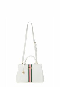 Weißes Handtasche mit strukturierter Form; verfügt über grüne und rote Streifen, goldfarbene Hardware und einen abnehmbaren Schultergurt. Dekorativer Logo-Anhänger inklusive.
