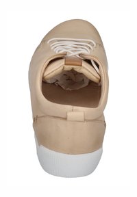 Beige leather sneaker with white rubber sole, rounded toe, and flat laces. Includes a soft inner lining and a back pull tab for easy wear.