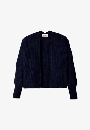 Dunkelblauer Kardigan aus geripptem Strickstoff. Offenes Vorderdesign mit langen Ärmeln und verkürztem Saum. Saubere, moderne Form ohne Verschlüsse.