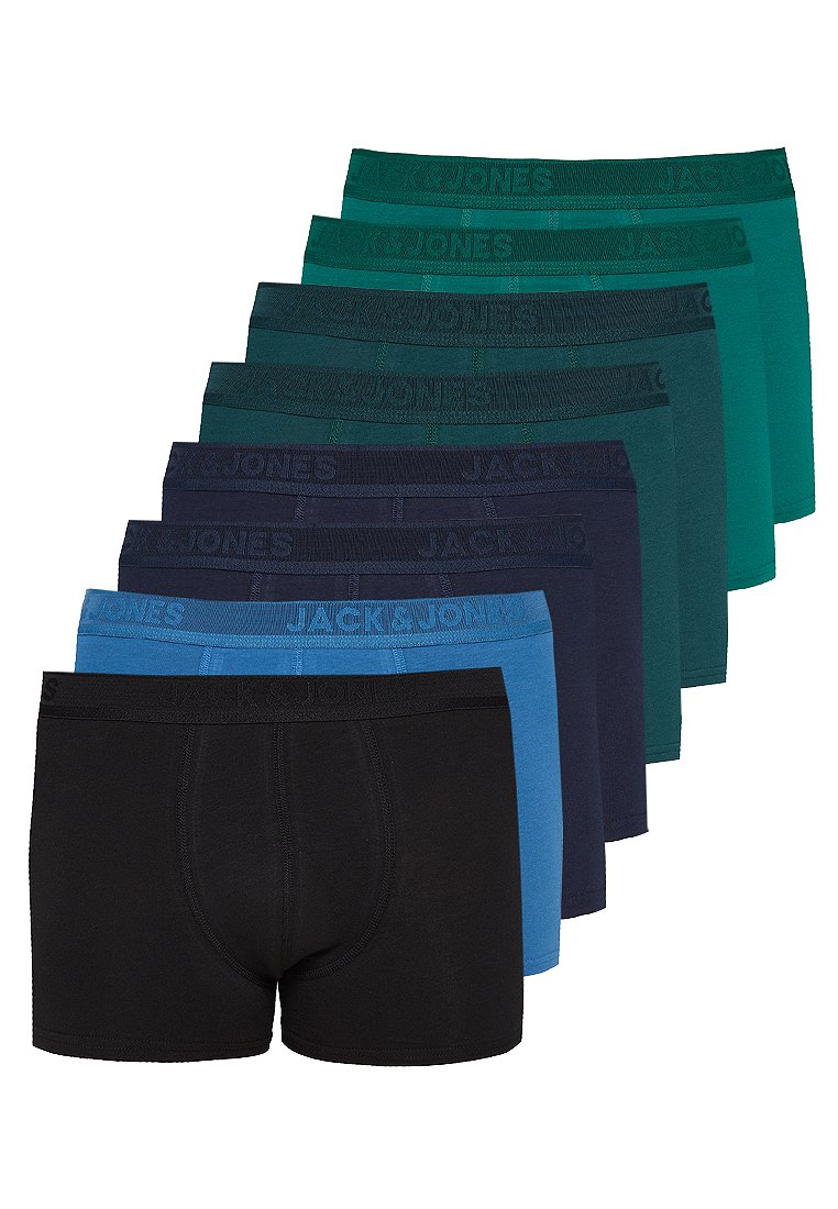 Conjunto de ocho calzoncillos en tonos negro, azul y verde. Hechos de material suave con bandas elásticas en la cintura de colores variados.