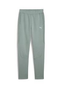 Pantalons de jogging vert clair en tissu doux, avec une taille élastique, deux poches latérales et un logo Puma blanc sur le devant.