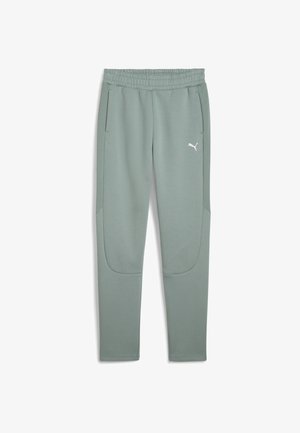 Hellgrüne Jogginghose aus weichem Material, mit einem elastischen Bund, zwei Seitentaschen und einem weißen Puma-Logo auf der Vorderseite.