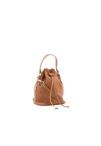 Borsa a secchiello in pelle marrone con chiusura a cordoncino regolabile, zip laterale e manico corto. Texture liscia e forma arrotondata.