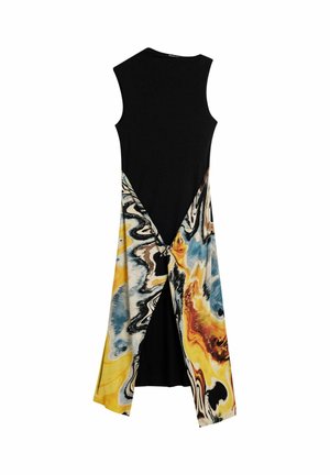 Ärmelloses schwarzes Kleid mit einer mehrfarbigen abstrakten Musterklappe, die hinten gebunden ist und einen Schlitz über einer einfarbigen schwarzen Innenschicht erzeugt.