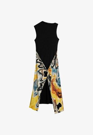 Ärmelloses schwarzes Kleid mit einer mehrfarbigen abstrakten Musterklappe, die hinten gebunden ist und einen Schlitz über einer einfarbigen schwarzen Innenschicht erzeugt.