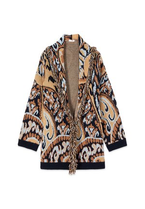Oltre, CARDIGAN LUNGO CON FRANGE E CRISTALLI - Chaqueta de punto - beige