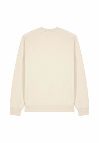 Crèmekleurige sweatshirt met een zachte textuur, ribbelkraag en raglan mouwen. Eenvoudig ontwerp, geen zichtbare graphics of hardware.