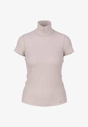 Light pink short-sleeve turtleneck top with a slim fit, made of smooth fabric. Features a high collar and subtle stitching details.