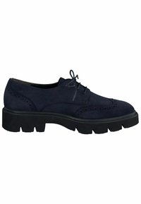 Chaussure Oxford en daim bleu marine avec une épaisse semelle plateforme noire, présentant des détails perforés et une fermeture à lacets.