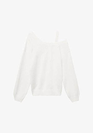 Pull en maille blanc avec une manche longue décolletée d'une épaule et une bretelle étroite de l'autre côté, poignets et ourlet côtelés.