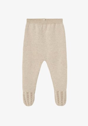 Leggings en tricot beige avec une taille côtelée et des accents en dentelle imprimée au niveau des pieds. Texture douce, design de jambe fuselée.