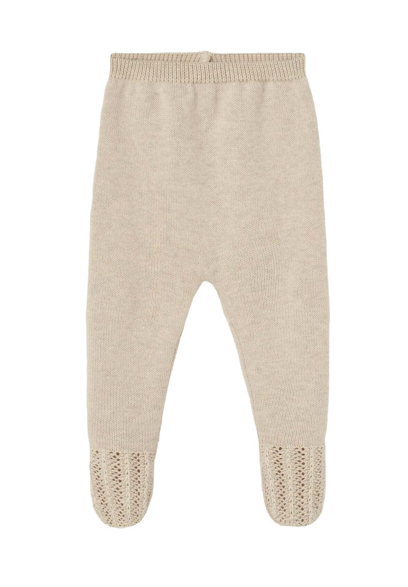 Leggings en tricot beige avec une taille côtelée et des accents en dentelle imprimée au niveau des pieds. Texture douce, design de jambe fuselée.