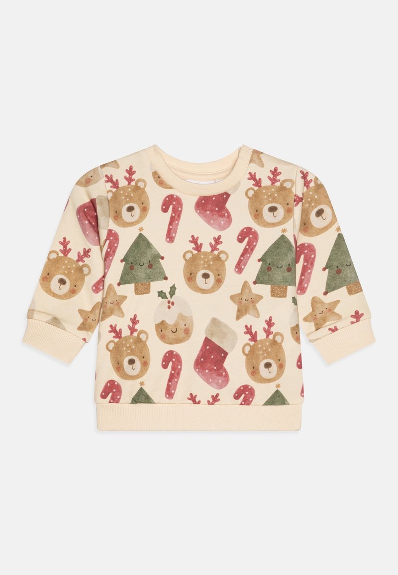 Sweatshirt pour enfants couleur crème avec un motif répétitif d'arbres de Noël souriants, de visages d'ours avec des bois, de bonbons en forme de canne, d'étoiles, de bas de Noël et de pudding.