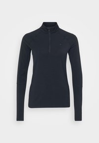 Pulover lung, negru, cu manșon lung și guler cu fermoar, design ajustat, cusături plate și orificii pentru degete la mansete. Material neted și ușor.