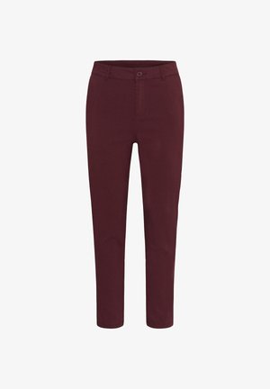 Bordeauxfarbene Hose mit weicher Textur, figurbetontem Design, mittlerer Bundhöhe, Einzelknopfverschluss und schmalem Beinverlauf.