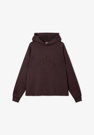 Dunkelbrauner Pullover-Hoodie mit langen Ärmeln und abstrakt bestickten Buchstaben in der Mitte der Brust.