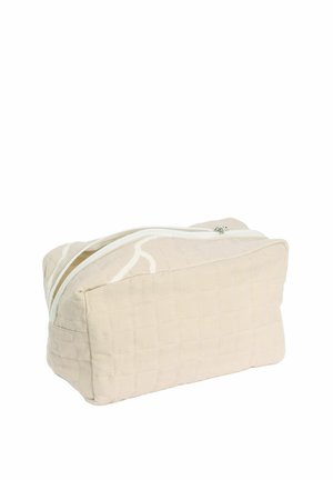 Beežist tepitud kangast kosmeetikakott valge tõmbluku ja õrna valge abstraktse mustriga.