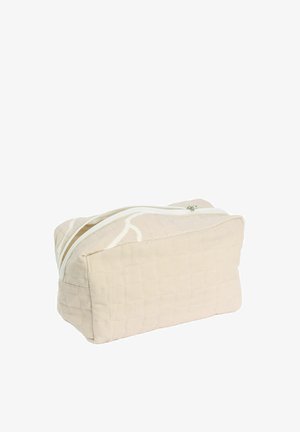 Bézs steppelt szövet kozmetikai táska fehér cipzárral és finom fehér absztrakt mintával.