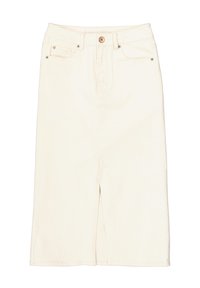 Jupe en denim crème avec une fente frontale, cinq poches et des accents de boutons en métal. Dotée de passants de ceinture et d'un design structuré et droit.