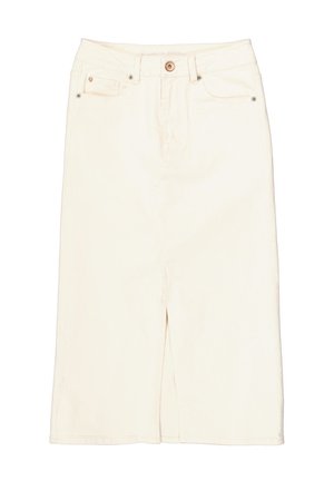 Cremefarbene Jeansrock mit einem Schlitz vorne, fünf Taschen und Metallknopf-Akzenten. Verfügt über Gürtelschlaufen und ein strukturiertes, gerades Design.