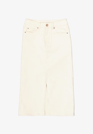 Falda de mezclilla color crema con una abertura frontal, cinco bolsillos y detalles de botones de metal. Cuenta con pasadores para cinturón y un diseño estructurado y recto.