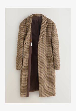 Hnedý károvaný kabát s výrezom na klopách, dvoma prednými vreckami a tmavohnedou podšívkou. Vyrobený z textúrovaného materiálu, s jedným zapínaním na gombík.