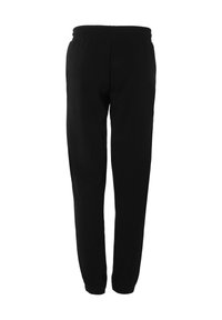 Zwarte sweatpants met een elastische tailleband, taps toelopende benen en een gladde, zachte stoftextuur. Geen zichtbare logo's of patronen.