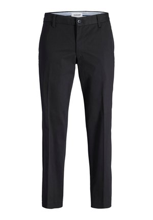 Pantalons ajustés noirs pour hommes avec passants de ceinture, bouton frontal et fermeture éclair, étiquetés "Jack & Jones Pants Studio."