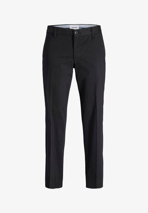 Sorte slim-fit herrebukser med bæltestropper, frontknap og lynlås, mærket "Jack & Jones Pants Studio."