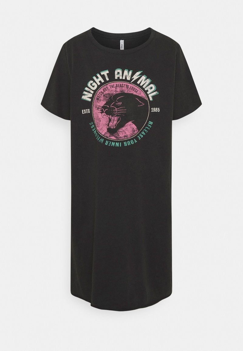 Czarny, oversize t-shirt wykonany z bawełny, z okrągłą grafiką przedstawiającą panterę oraz napisem "NIGHT ANIMAL" w różowym i turkusowym kolorze.