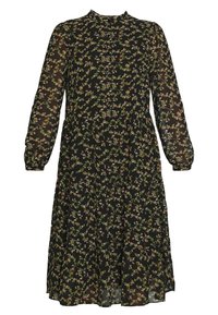 Robe noire à motifs floraux avec manches longues en voile transparent, col rond et détails à boutons. Comprend une jupe fluide plissée ornée d'un motif de petites fleurs colorées.