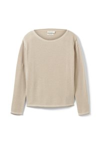 Pull en maille beige à manches longues avec un motif texturé et un col rond, posé à plat sur un fond blanc.