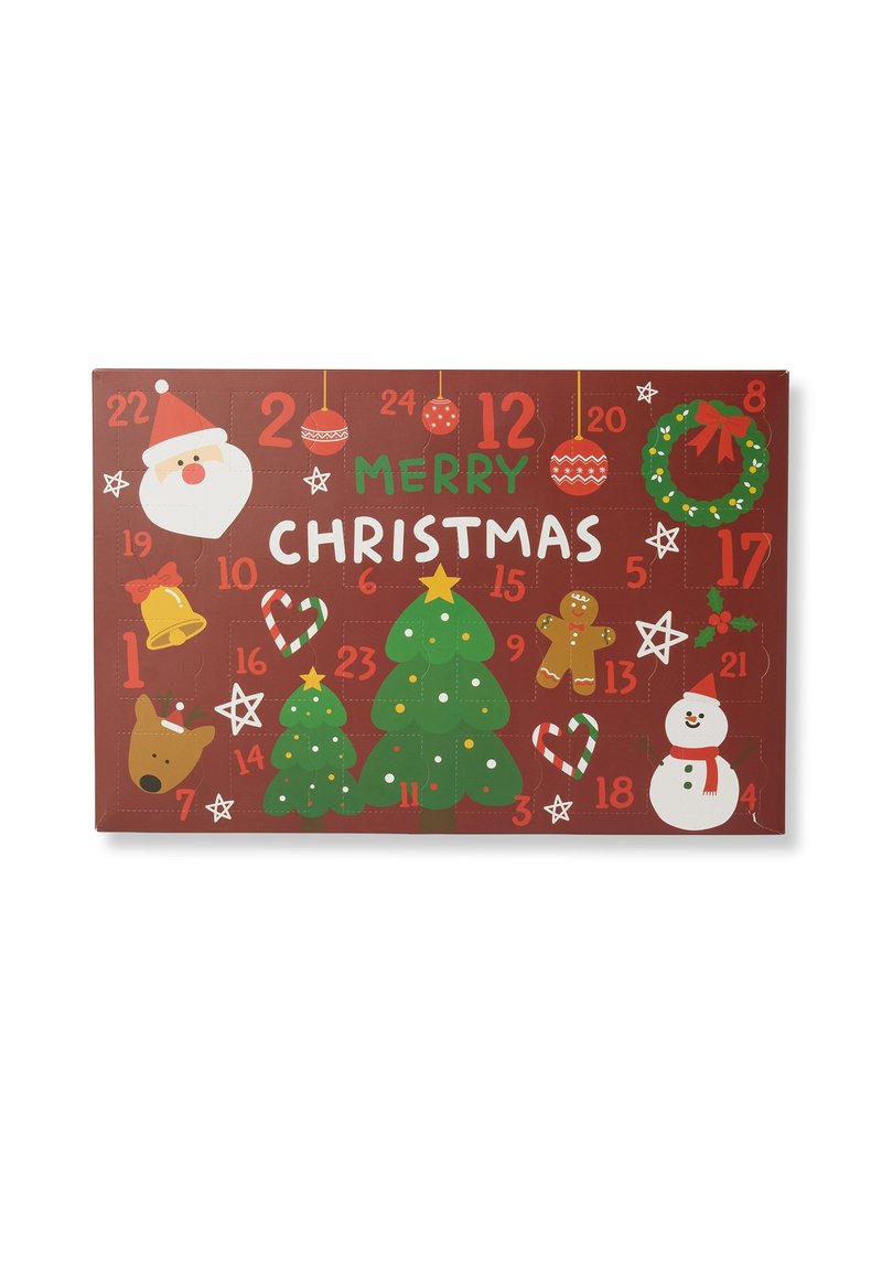 Calendario dell'Avvento con uno sfondo rosso, caratterizzato da illustrazioni a tema natalizio, tra cui Babbo Natale, alberi di Natale, un pupazzo di neve e biscotti di pan di zenzero in colori vivaci.