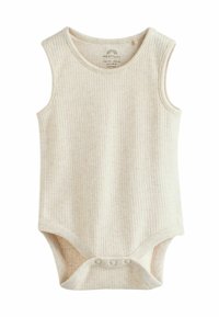 Cream ribbed bodysuit with sleeveless design, round neck, and snap buttons at the bottom. Soft, textured cotton fabric.