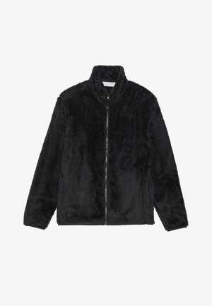 Black, plush fleece jacket with a high collar, front zipper, and side pockets. Soft texture with a relaxed design.