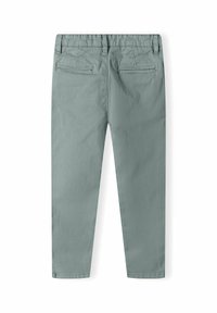 Hellgraue Baumwollhose mit geradem Bein, ausgestattet mit einem Gesäßtaschendetail und einem Bund mit Gürtelösen.