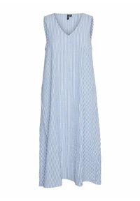 Haljina bez rukava, s V-izrezom, u svijetloplavim i bijelim vertikalnim prugama, izrađena od mekanog materijala, s opuštenim krojem i lepršavim oblikom.