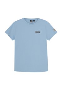 Ljusblå kortärmad t-shirt i bomull, med rund halsringning och en tryckt logotyp i svart på framsidan. Etikett på vänster ärm.