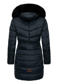 Women's dark blue puffer coat with a black faux fur hood, chevron quilted design, elastic waist, and brown leather accent patches.