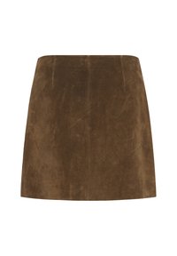 Barna szarvasbőr miniszoknya, egyszerű, egyenes szabással és finom varrási részletekkel az elülső középső részen.