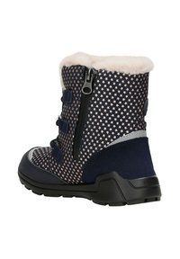 Námořnické zimní boty se vzorem hvězd, umělou kožešinou na obvodu, bočním zipem a suchými zipy. Mají kontrastní černou gumovou podrážku.