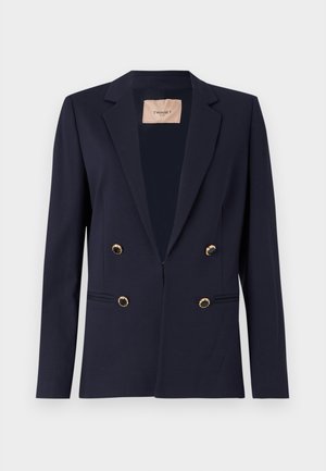 Marineblå blazer laget av mykt stoff, med skjortekrage, dobbelspent gullknapper og sidelommer.