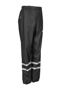 Sorte vandtætte bukser med elastisk talje, der har to reflekterende hvide striber nær benenderne og et lille blåt logo.